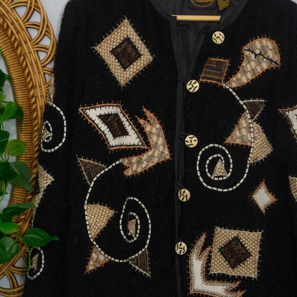 Vtg Black Cardigan Beaded Sequin Geometric Statement Sweater | Dark Autumn - Picture 2 of 9